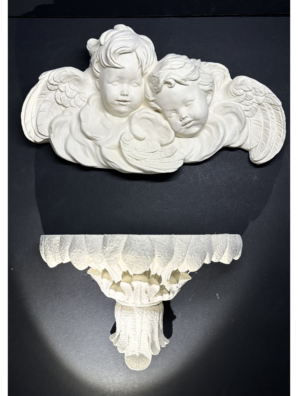 Vintage Off-White Neoclassical-Style Two Cherubs and Shelf Wall Decor Set